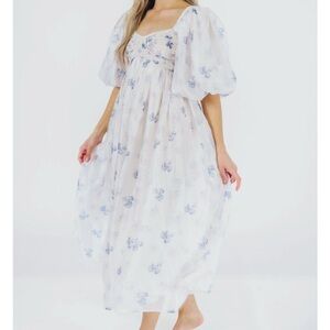 NEW Worth Collective Harlow Maxi Muted Blue Floral Puff Sleeve Dress FLAW